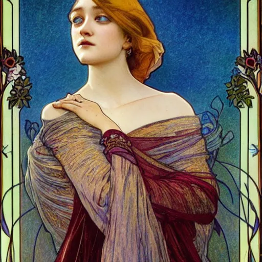 Image similar to dakota fanning portrait by louis - theophile hingre and alphonse mucha, realistic, sharp focus, zodiac signs, tarot cards, planets, ethereal, art nouveau, magic, moon, sun, crown, dreamy, royal, jewellery