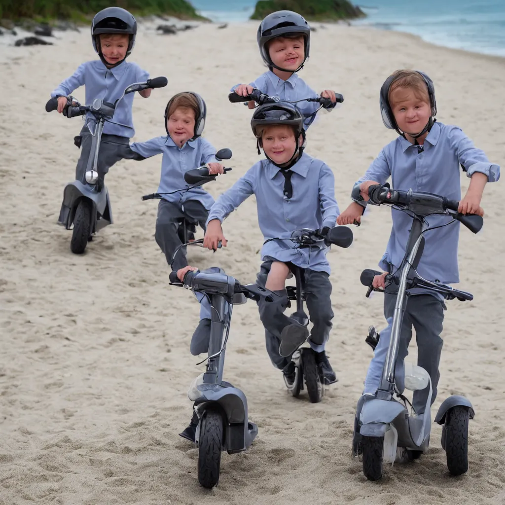 Prompt: very detailed stockphoto of two kids wearing a grey school uniform riding a scooter along the beach