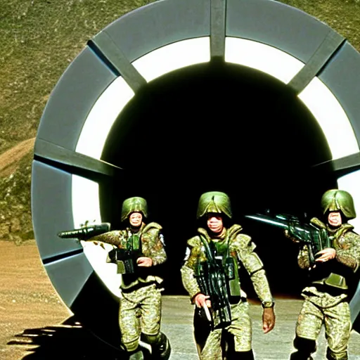 Prompt: soldiers going through the stargate from the tv show stargate sg 1