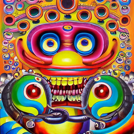 Image similar to beautiful painting of anthropomorphic steam railway engine monster truck snake oil salesman cowboy caveman hydra, neo - andean architecture art by takashi murakami, art by lisa frank, art by jacek yerka, art by victor moscoso. lifelike mechanical eyes. locomotive snake. trending on artstation, hyperrealism, 1 0 k