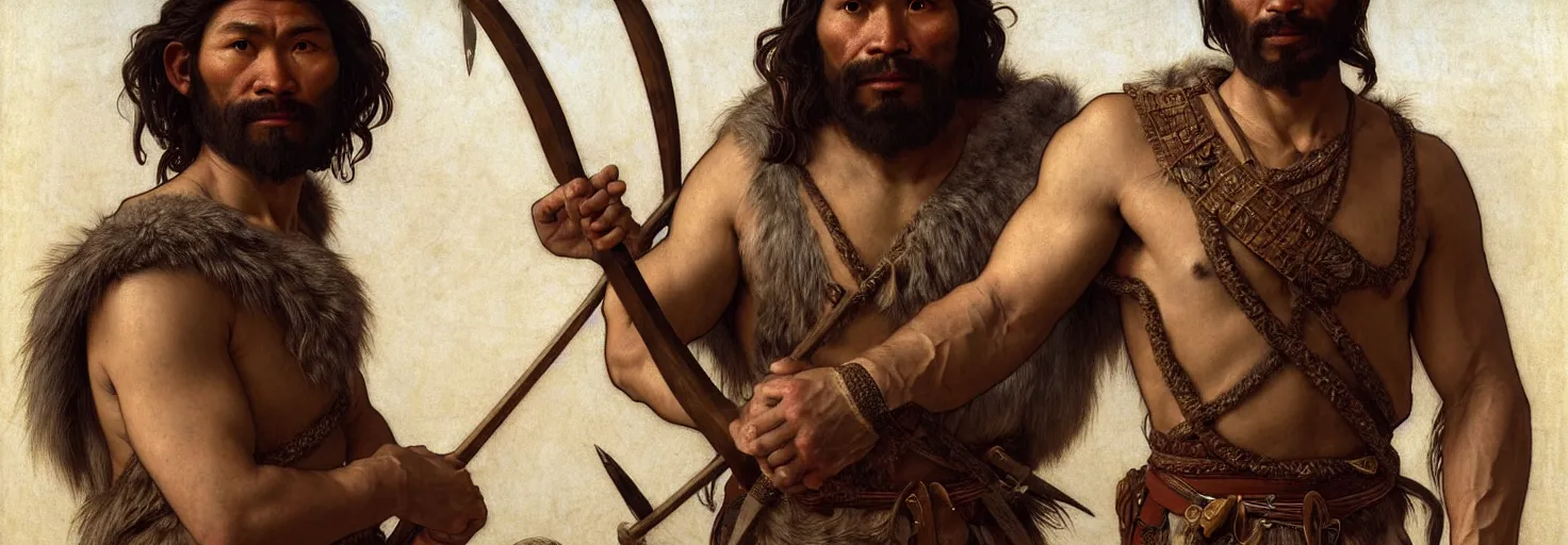 Prompt: renaissance upper body portrait of a gruff ranger with a spear, Inuit Eskimo First Nation, lean and toned, handsome face, hairy chest, D&D, intricate, elegant, highly detailed, digital painting, artstation, concept art, matte, sharp focus, illustration, art by da Vinci, Artgerm and Greg Rutkowski and Alphonse Mucha