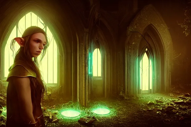 Image similar to an ultra realistic, cinematic, fantasy, headshot portrait, of an elden ring elf, fairy lights, facial features, stood outside an abandoned church, with futuristic buildings and neon signs, detailed, deep focus, movie still, dramatic lighting, ray tracing, by michal karcz and yoshitaka amano