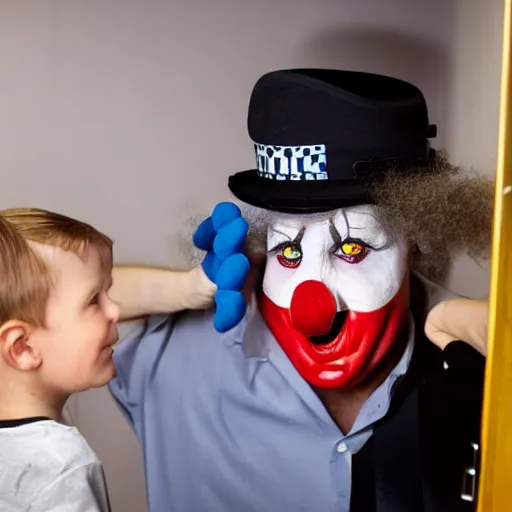 Image similar to police interrogation of a clown peeking out from a small magical trick box