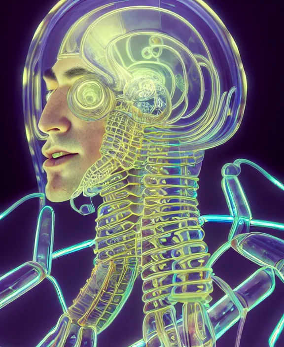 Image similar to intricate opulent transparent clear see - through portrait of handsome masculine isopod man, fractal, neon lights, circuitry, dense machinery environment, ultra realistic, concept art, pop art, photorealistic, octane render, 8 k, unreal engine. art by nori inoguchi and sam kaplan and zachary goulko and christopher marley and artgerm and alphonse mucha