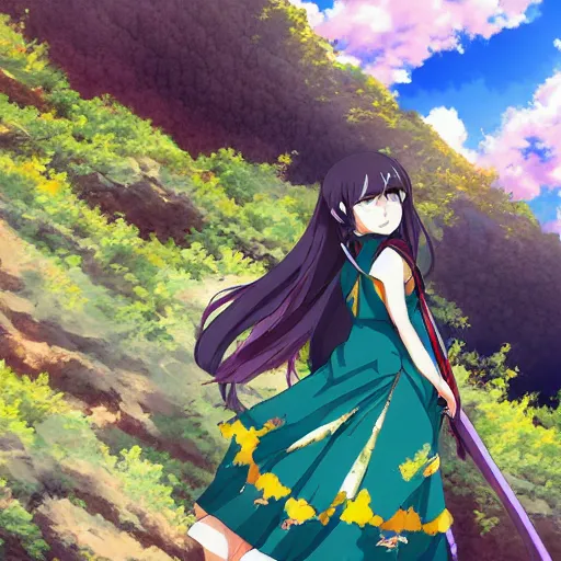 Prompt: beautiful anime waifu scaling a mountain, pixiv