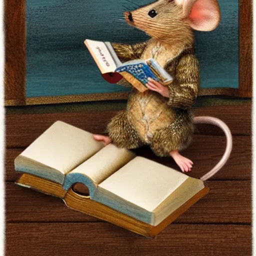 Prompt: a hyper realistic mouse in plaid pants, reading a book, sitting on a porch of a wooden house, victorian style