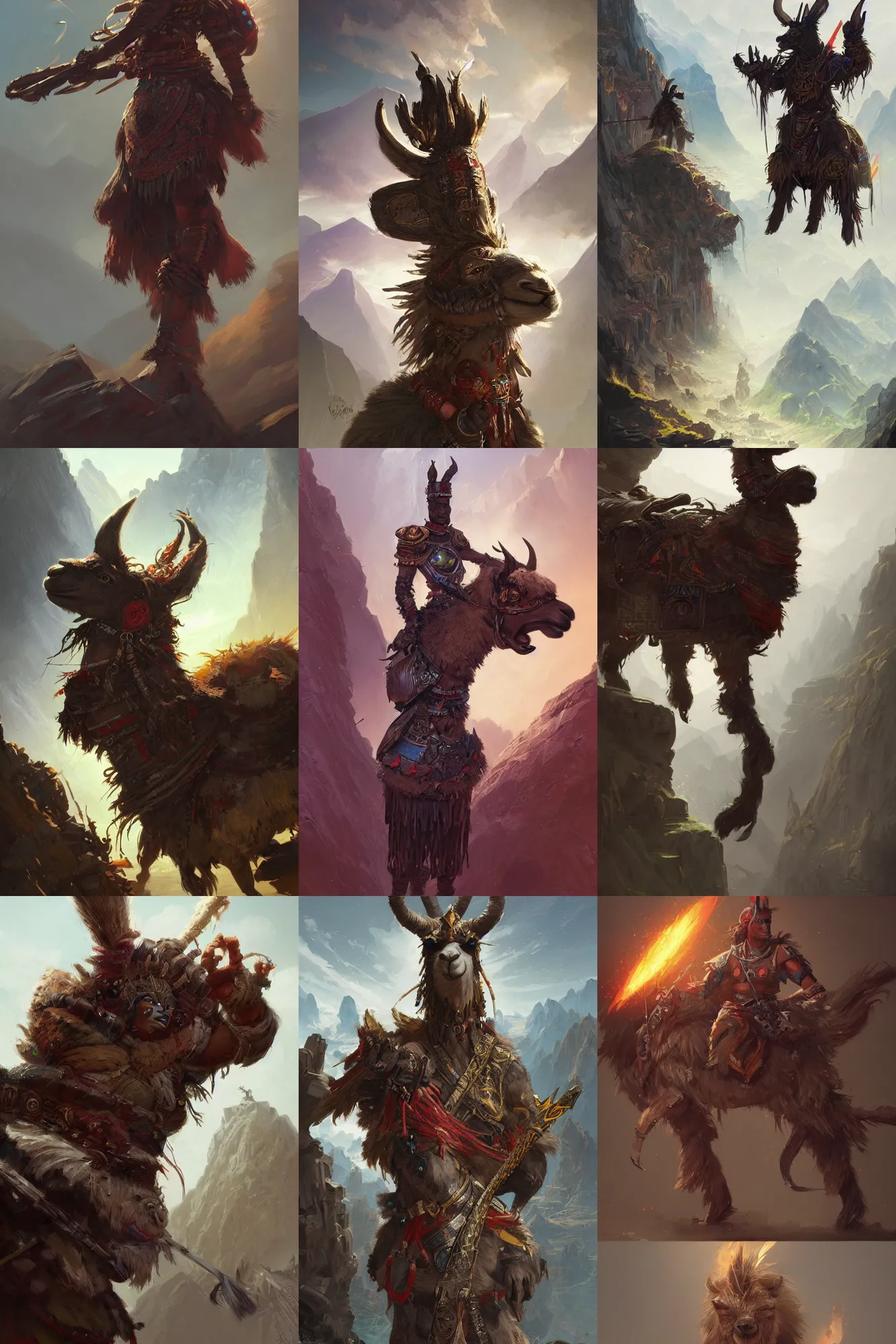 Image similar to Hyperdetailed masterpiece concept art of Llama warrior of the Incas hyperdetailed concept art by Greg Rutkowski and Ross Tran, high quality DnD illustration, trending on ArtStation, all rights reserved Wizards of the Coast.