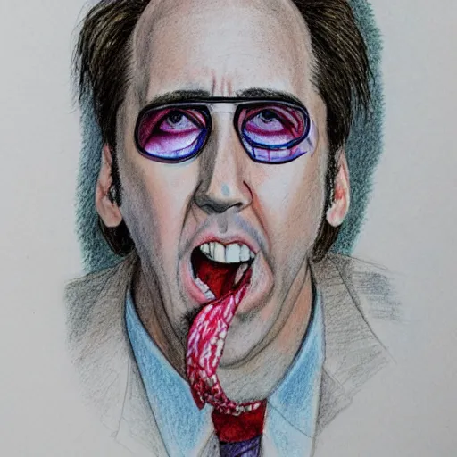 Image similar to Nicholas Cage in Fear and Loathing in Las Vegas, detailed ballpoint drawing with water color background