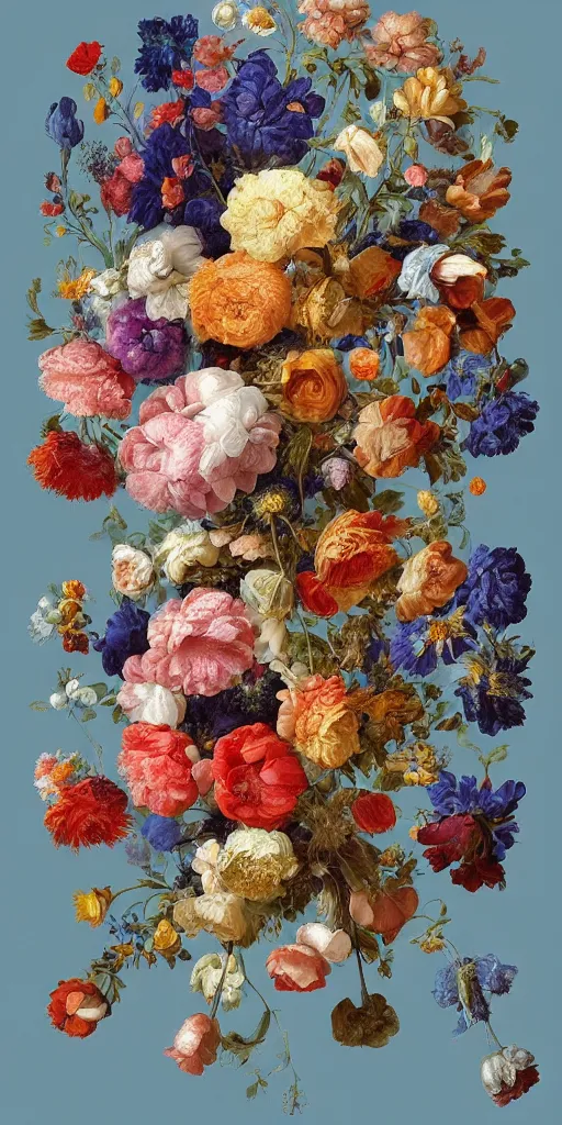 Prompt: a bouquet of flowers on a blue background, a flemish baroque by rachel ruysch, behance contest winner, ecological art, made of flowers, behance hd, flemish baroque