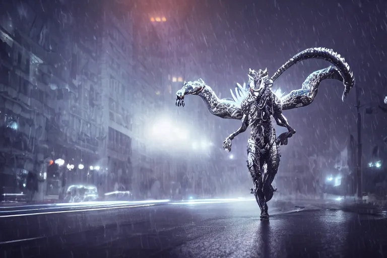 Prompt: cinematic telephoto shot of a silver cybernectic chinese dragon in the rain, midnight city lights, strong bokeh, dramatic lighting, unreal engine, cgsociety, artstation, 4k