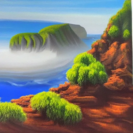 Image similar to acrylic painting of a lush natural scene on an alien planet by wim van de wege. beautiful landscape. weird vegetation. cliffs and water.