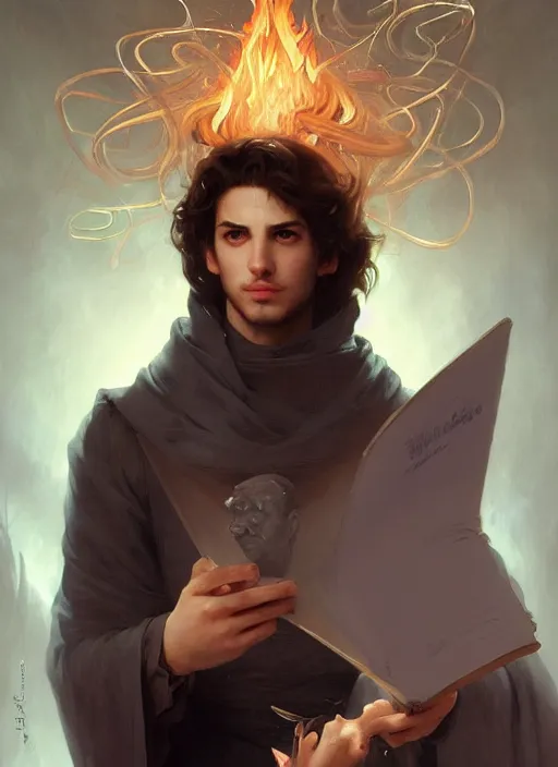 Image similar to character concept portrait of an attractive young focused Spanish wizard with pale skin enchanting a flaming love spell, a floating iridescent spell book in the center, intricate, elegant, digital painting, concept art, smooth, sharp focus, illustration, from Metal Gear, by Ruan Jia and Mandy Jurgens and William-Adolphe Bouguereau, Artgerm