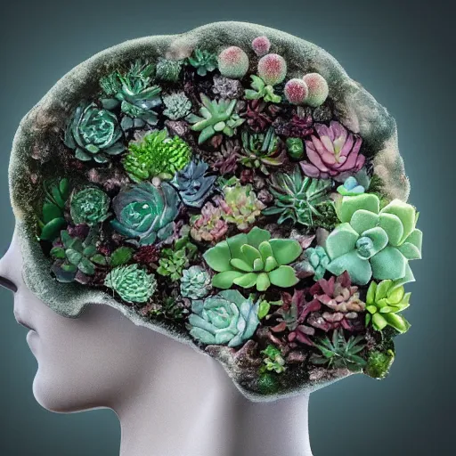 Prompt: succulents and cactus growing inside a human head side on made out of glass, 8 k detailed photograph, unreal engine, trending on artstation, award winning, emotional surrealist art, very very very very very beautiful
