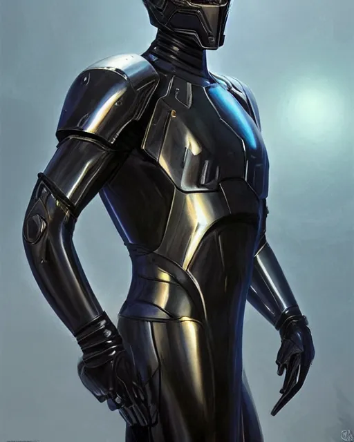 Image similar to iridescent wiry smooth muscular male sleek glossy black pearlescent scifi armor with smooth black featureless helmet, by greg rutkowski and mark brookes and jim burns and tom bagshaw and magali villeneuve, trending on artstation