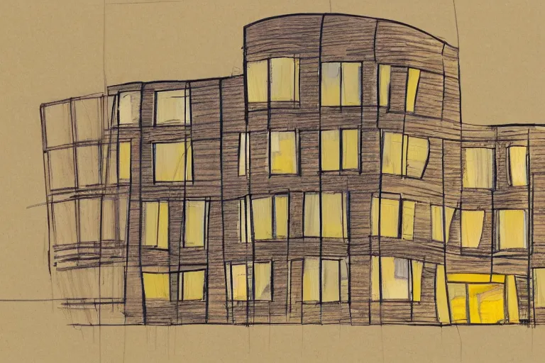 Prompt: a very detailed architectural sketch of of a modern building by frank gehry on a textured brown paper, windows bright with orange and yellow light color spilling on the floor