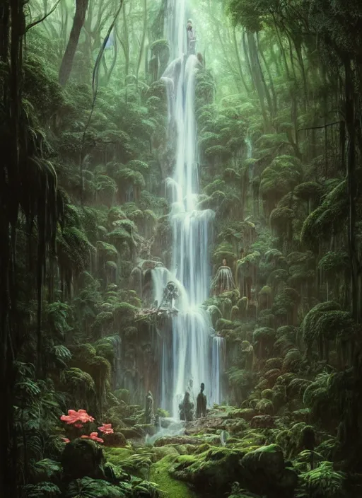 Image similar to a hyper realistic architectural witch shrine under a waterfall in the woods, gorgeous lighting, lush forest foliage, painting by chiara bautista and tom bagshaw, muca beksinski and norman rockwell and greg rutkowski weta studio, and lucasfilm