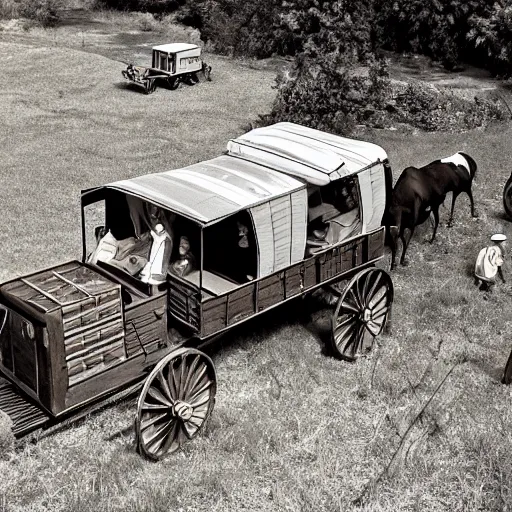 Prompt: a birds - eye view sepia photograph of a delorean made into a covered wagon, traveling in a line with covered wagons and cattle, photorealistic