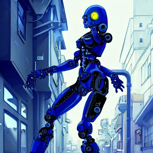 Image similar to cyborg - girl breaking into pieces as it walks down a street, highly detailed, painting, dark blue and black color palette, intricate, high quality anime artstyle,