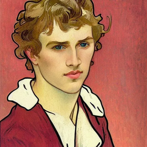 Prompt: painting of a young cute handsome beautiful androgynous strawberry blond medium curly! hair man in his early 2 0 s with a thin mustache and slight beard with grey - blue eyes wearing a blank maroon t - shirt, by alphonse mucha, vincent van gogh, egon schiele