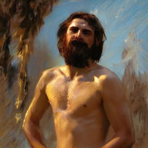 Image similar to a man with a shoulder length haircut, painting by Gaston Bussiere, Craig Mullins