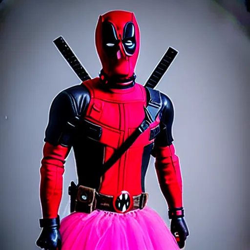 Prompt: Deadpool wearing a pink tutu doing a cute pose, holding his bloody katana, smiling at the viewer, full body portrait,