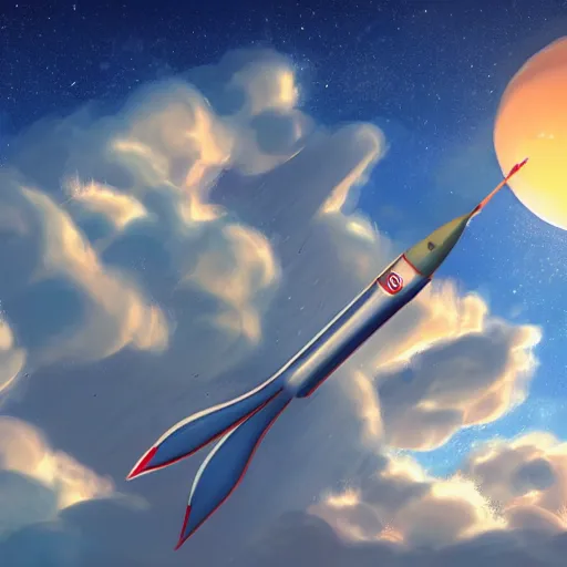 Image similar to rocket launching into the sky, sunrise, rocketship, wispy clouds, pixiv, concept art