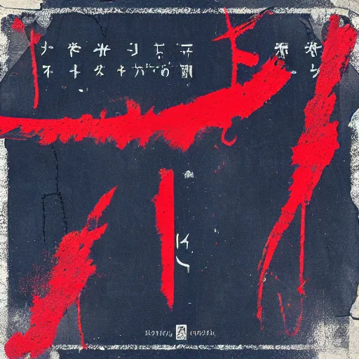 Prompt: random japanese words in the red and blue color as scarlxrd album cover