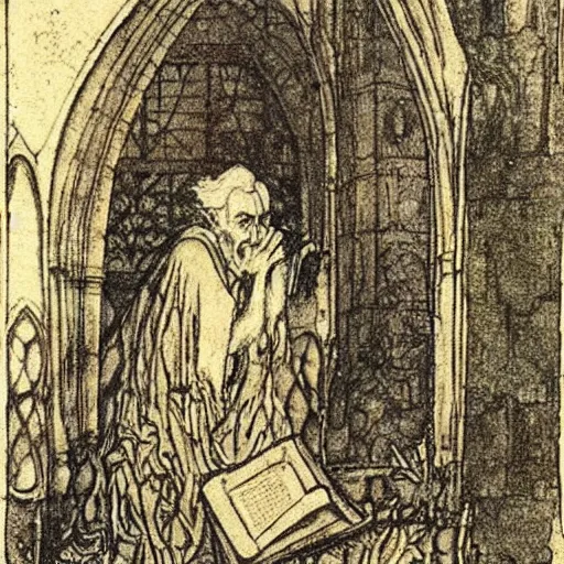 Prompt: a 1 3 th century, enigmatic, melancholic, fae wizard ( look like ( ( eighty years old christopher lee ) ), is ( ( reading an old book ) ). light dust, magnificent, hyperdetailed, theatrical, painted by arthur rackham