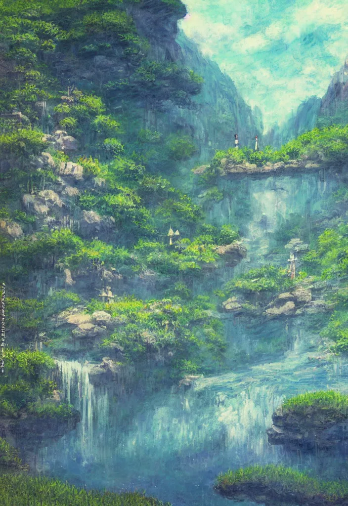 Image similar to tiny kodama in front of a japanese city in the mountain surrounded by waterfall. cyberpunk, boats flying. beautiful blue sky. gorgeous epic nature, lofi, vivid colors, amazing light, by jeremy lipkin, by claude monet, heavily inspired by makoto shinkai, inspired by ghibli, masterpiece, multiple brush strokes, impressionist style