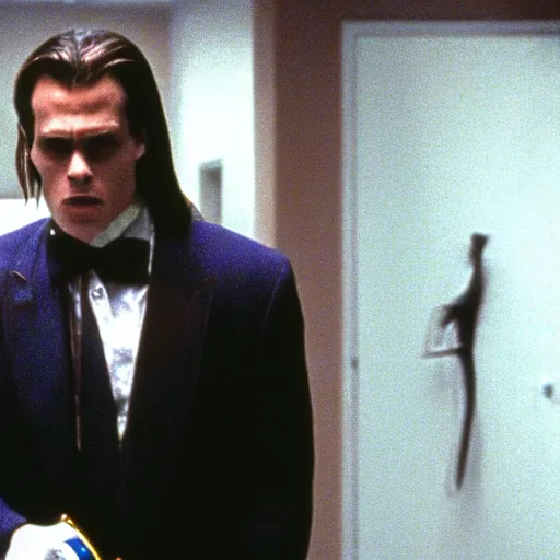 Prompt: Still of American Psycho with a chainsaw, in Eyes Wide Shut (1999)