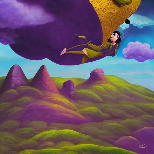 Image similar to A flying android smiling while holding a boulder, surrounded by clouds and purple lightning, digital art, Mexican folk art, Hyperdetailed, amazing background, matte painting, gouache, Martin Sandiego, Julia Fuentes, Miguel Sandiego