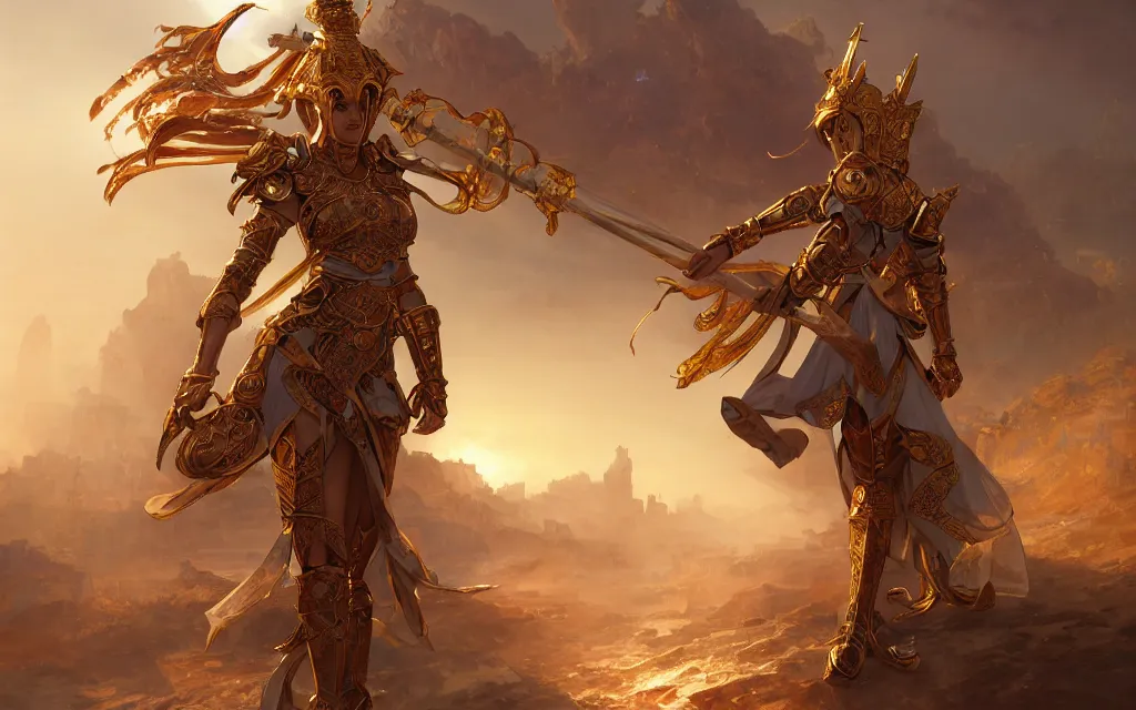 Image similar to knights of zodiac girl, golden and copper armor, armor knight fighting cinematic shot, in ruined agora of athens sunrise, ssci - fi and fantasy, intricate and very very beautiful and elegant, highly detailed, digital painting, artstation, concept art, smooth and sharp focus, illustration, art by tian zi and wlop and alphonse mucha