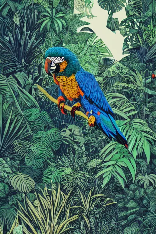 Prompt: a beautiful linocut of a lush jungle with a macaw parrot, 8 k, frostbite 3 engine, cryengine, dof, trending on artstation, digital art, crepuscular ray, art by roy l davies and tugboat printshop