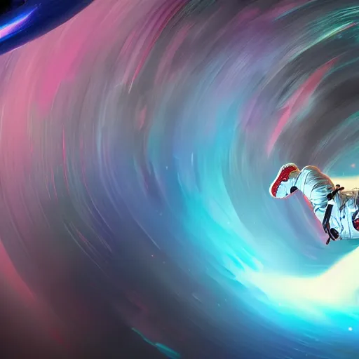 Image similar to astronaut falling into a psychedelic black hole, digital painting, trending on artstation, DeviantArt, 8k resolution, cosmic, unreal engine 5