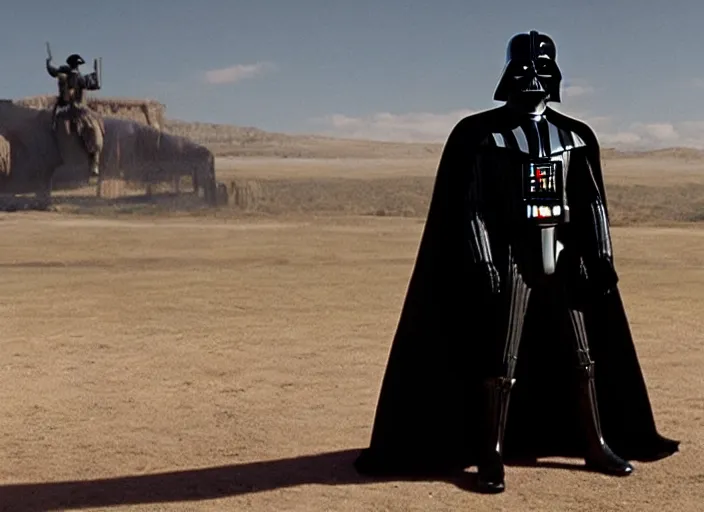 Prompt: film still of Darth Vader as William the man in black in Westworld shooting cowboys, 4k