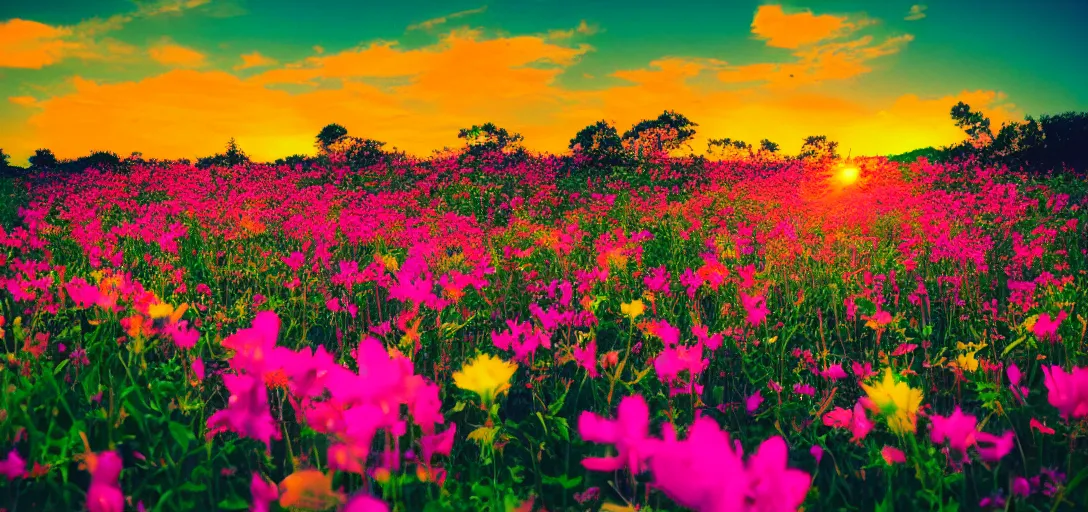 Prompt: an impossible field of beautiful neon colored flowers with a beautiful sunset, vaporwave