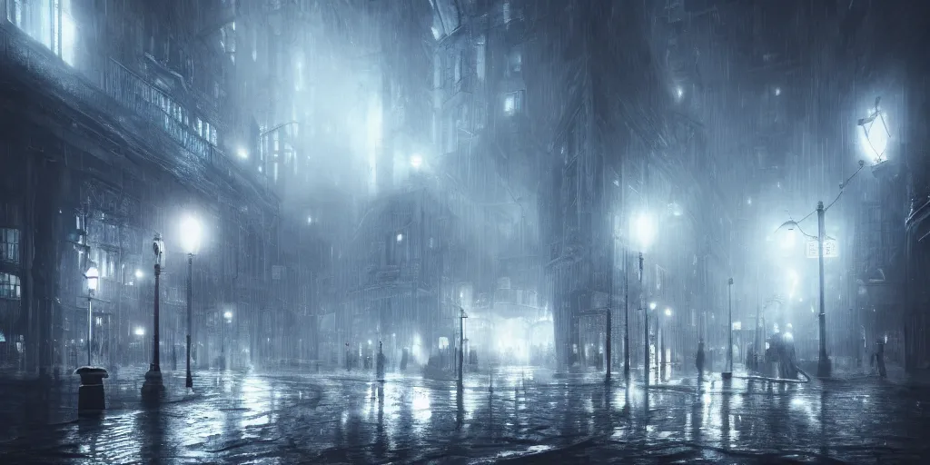 Image similar to a cold and melancholic city in a dark cavern, rainy and gloomy atmosphere, fantasy digital art, octane render, beautiful composition, trending on artstation, award - winning photograph, masterpiece