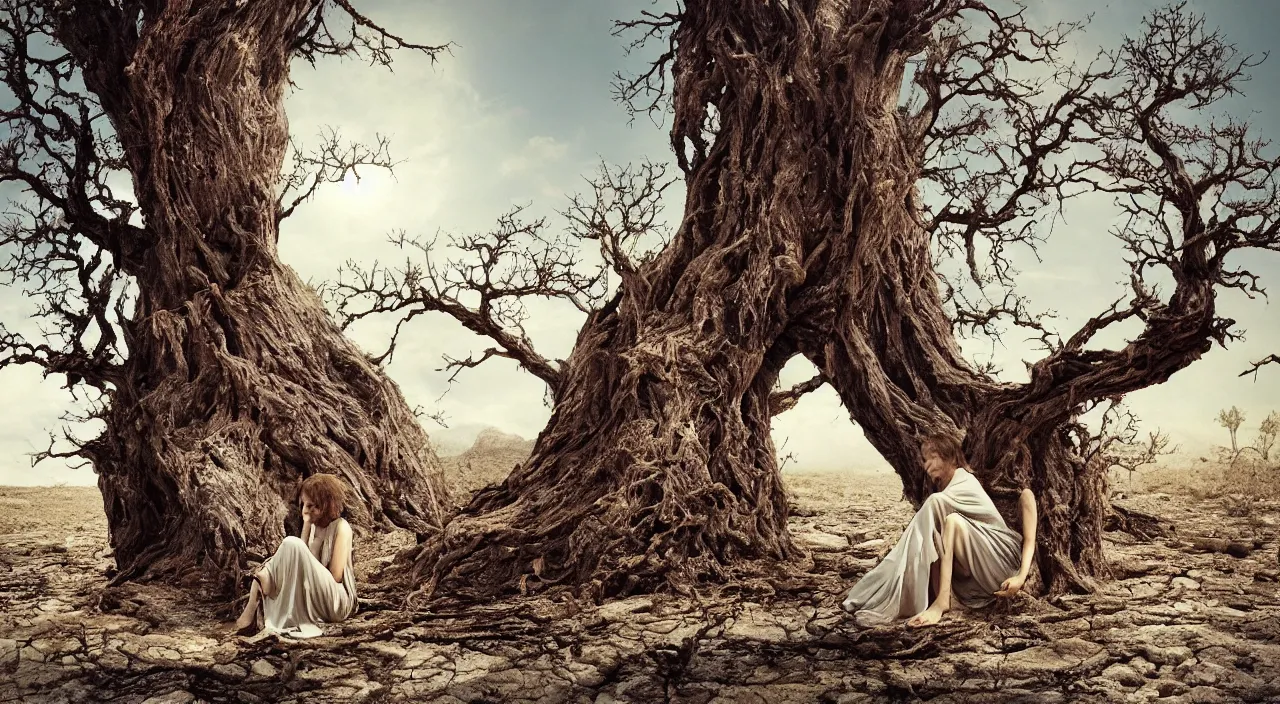 Prompt: 65-year-old tree-like Gaia Goddess shedding one emotionless tear as she sits on a dried up river in a desolate land, blue sky, hot and sunny, highly-detailed, elegant, dramatic lighting, artstation, 4k, cinematic landscape, photograph by Elizabeth Gadd