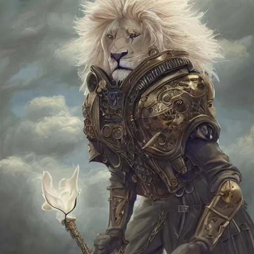 Image similar to aesthetic portrait commission of a albino muscular and attractive anthro lion as a greek steampunk god overlord with mane fur turning into industrial revolution smoke in the British clouds, fantasy art, hyperdetailed. Character design by charlie bowater, ross tran, artgerm, and makoto shinkai, detailed, inked, western comic book art, 2021 award winning painting