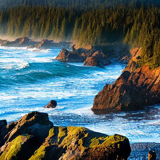Prompt: pacific northwest coastline early morning