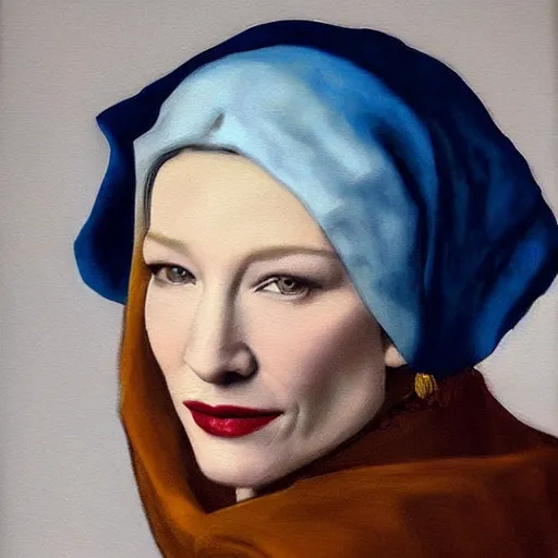 Prompt: portrait of cate blanchett , painting by Vermeer