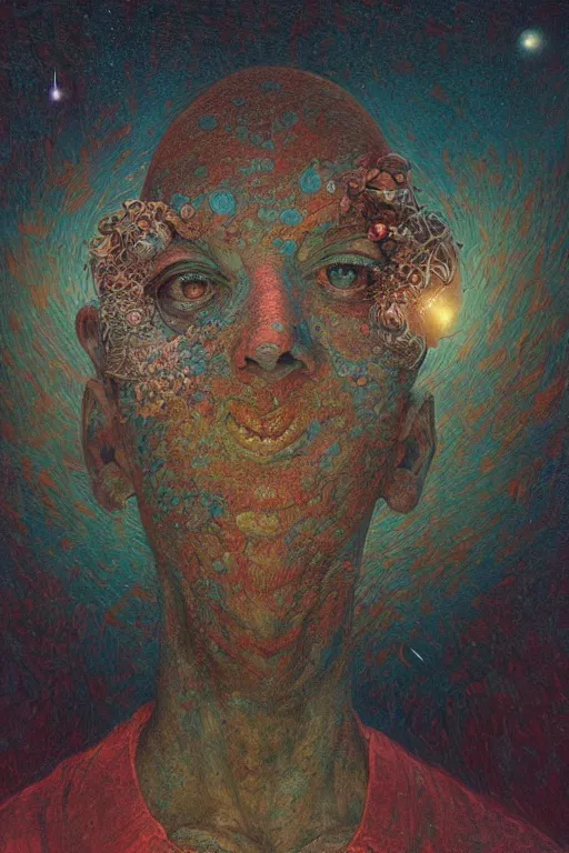 Image similar to 4K Stunningly detailed Ancient Beautiful portrait of a Smile inspired in beksinski and dan mumford work, remixed with Simon Stalenhag work, sitting on the cosmic cloudscape