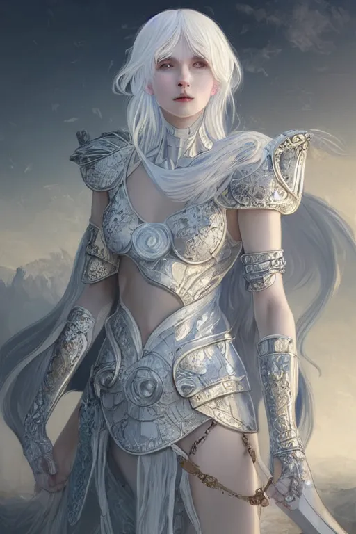 Image similar to portrait white hair knights of Zodiac girl, Sliver ice color reflected armor, in ruined Agora of Athens Sunrise, ssci-fi and fantasy, intricate and very very beautiful and elegant, highly detailed, digital painting, artstation, concept art, smooth and sharp focus, illustration, art by tian zi and WLOP and alphonse mucha