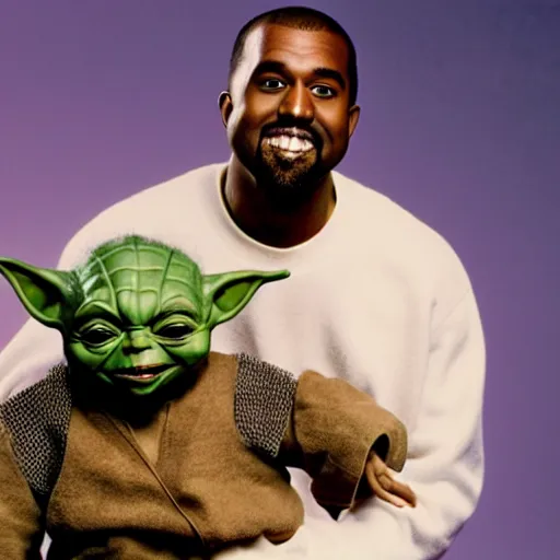 Image similar to kanye west smiling and holding yoda yoda for a 1 9 9 0 s sitcom tv show, studio photograph, portrait