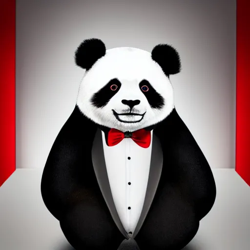 Image similar to a portrait of a panda wearing a black suit with a white shirt and red bow tie, black background