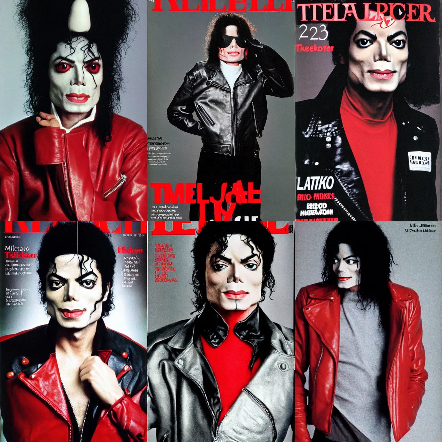 Prompt: michael jackson, pale grey skin, huge bulbous black eyes, no nose, wearing the red leather motorcycle jacket from thriller, high fashion magazine cover.