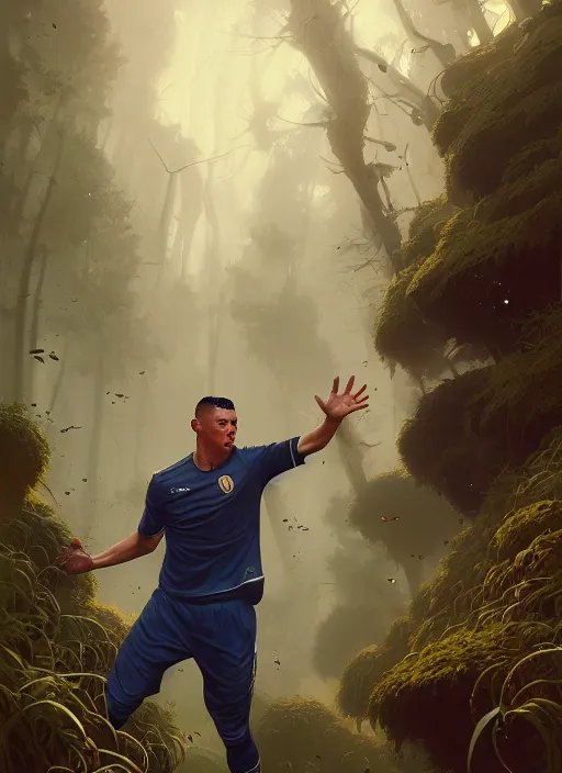 Image similar to highly detailed hyperrealistic portrait of ronaldo nazario, stephen bliss, unreal engine, fantasy art by greg rutkowski, loish, rhads, ferdinand knab and lois van baarle, ilya kuvshinov, rossdraws, tom bagshaw, alphonse mucha, global illumination, detailed and intricate environment