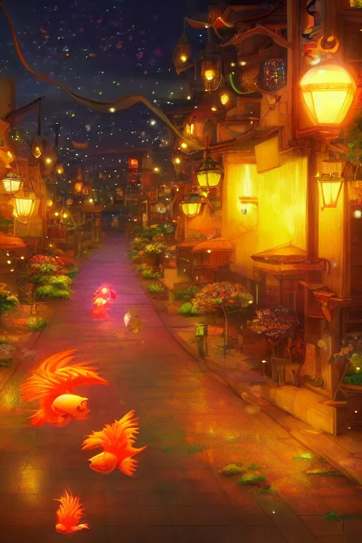 Image similar to fantasy art of glowing goldfish swimming in the air, in the streets of a japanese town at night, with people watching in wonder, in the style of studio ghibli and makoto shinkai, highly detailed digital art, trending on artstation