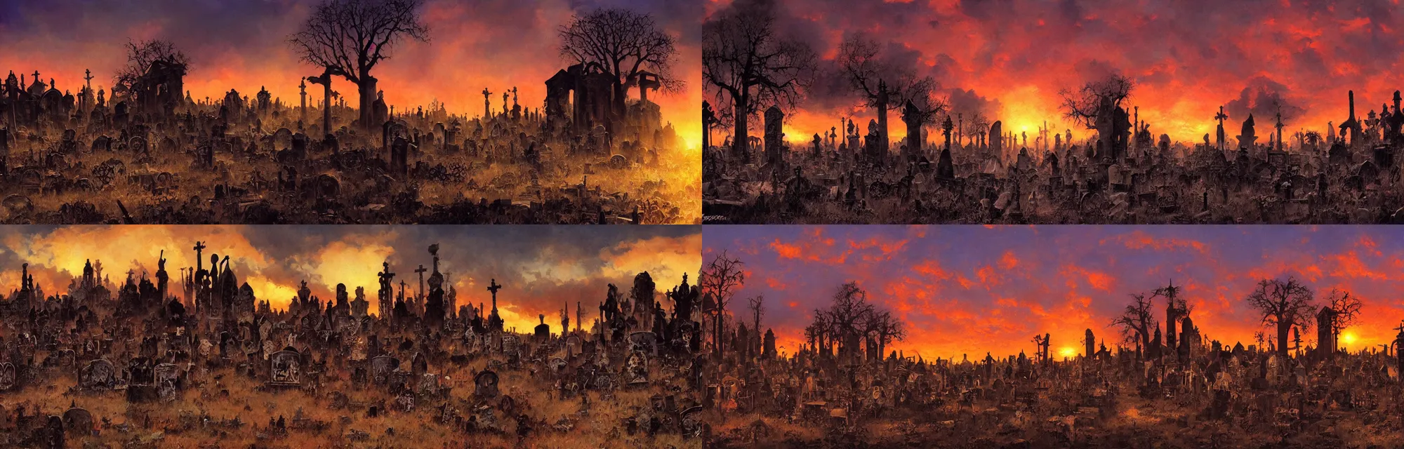 Prompt: souls graveyard backlight sunset moody panorama by frazetta