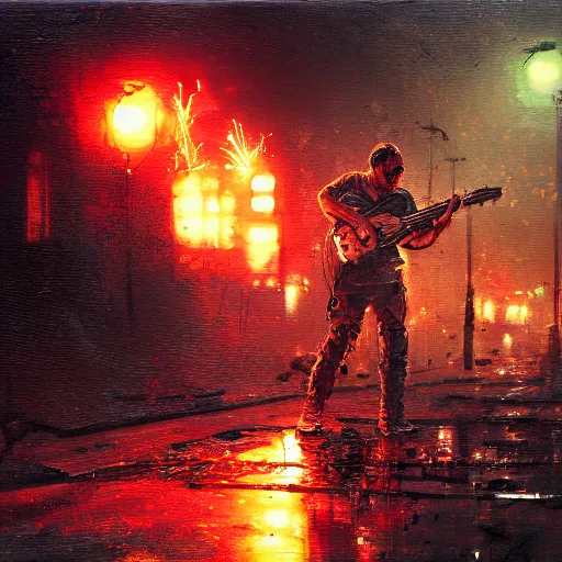 Prompt: a cyborg playing guitar, flames shooting from guitar, ruined street, blood moon, by Jeremy Mann, stylized, detailed, realistic, loose brush strokes